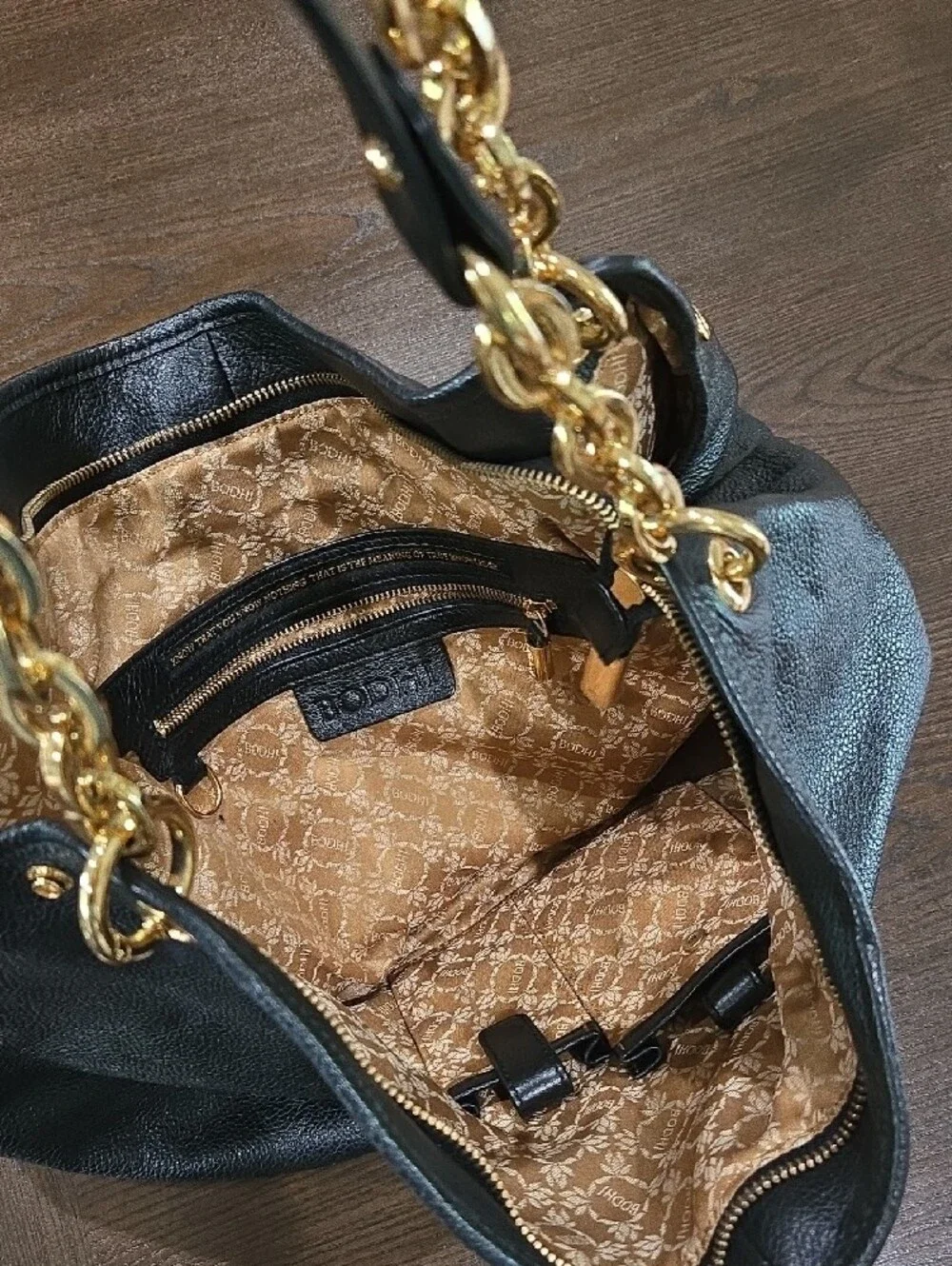 Black Leather Hobo Bag with Gold Chain Handles